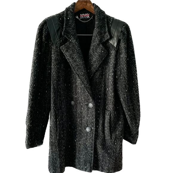 Vintage Jackets & Blazers - Vintage 80s marled wool double breasted pea coat leather shoulders size medium M